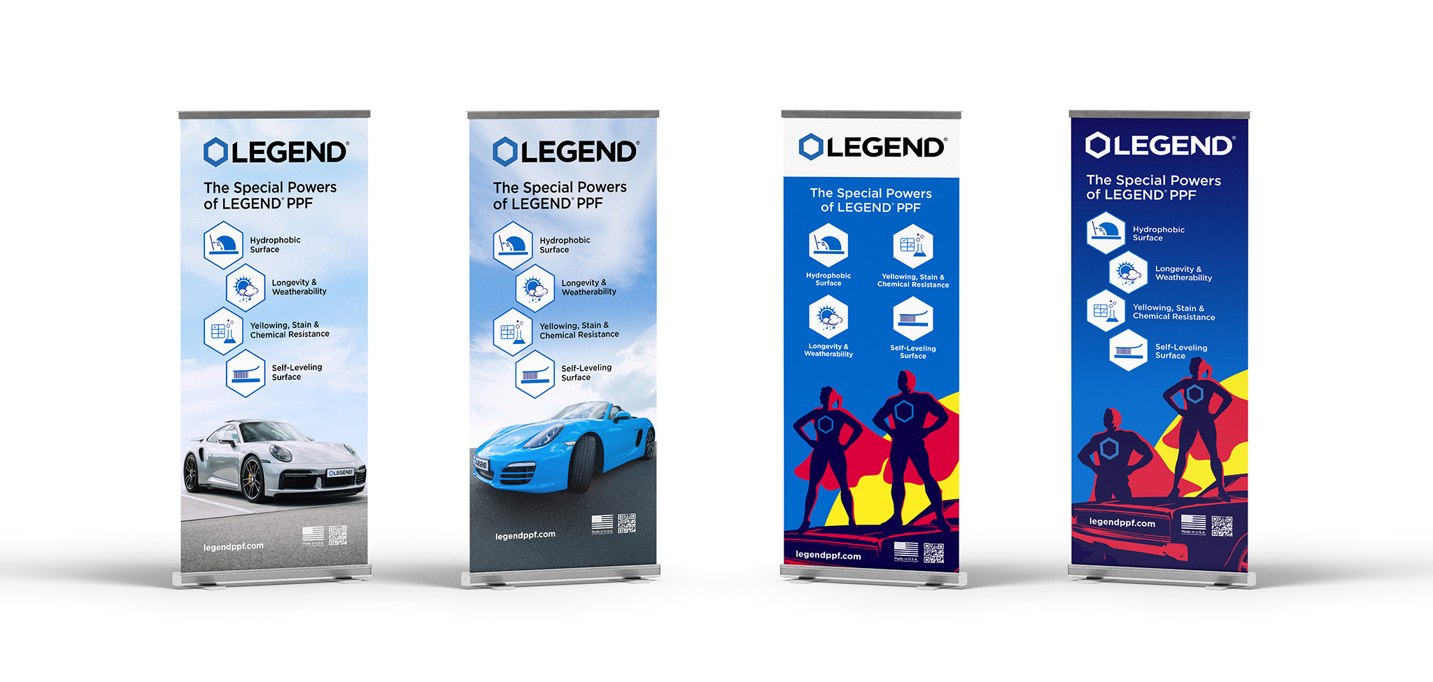 Porsche and Heroes featured in LEGEND Marketing Materials rollup poster, highlighting innovation and excellence