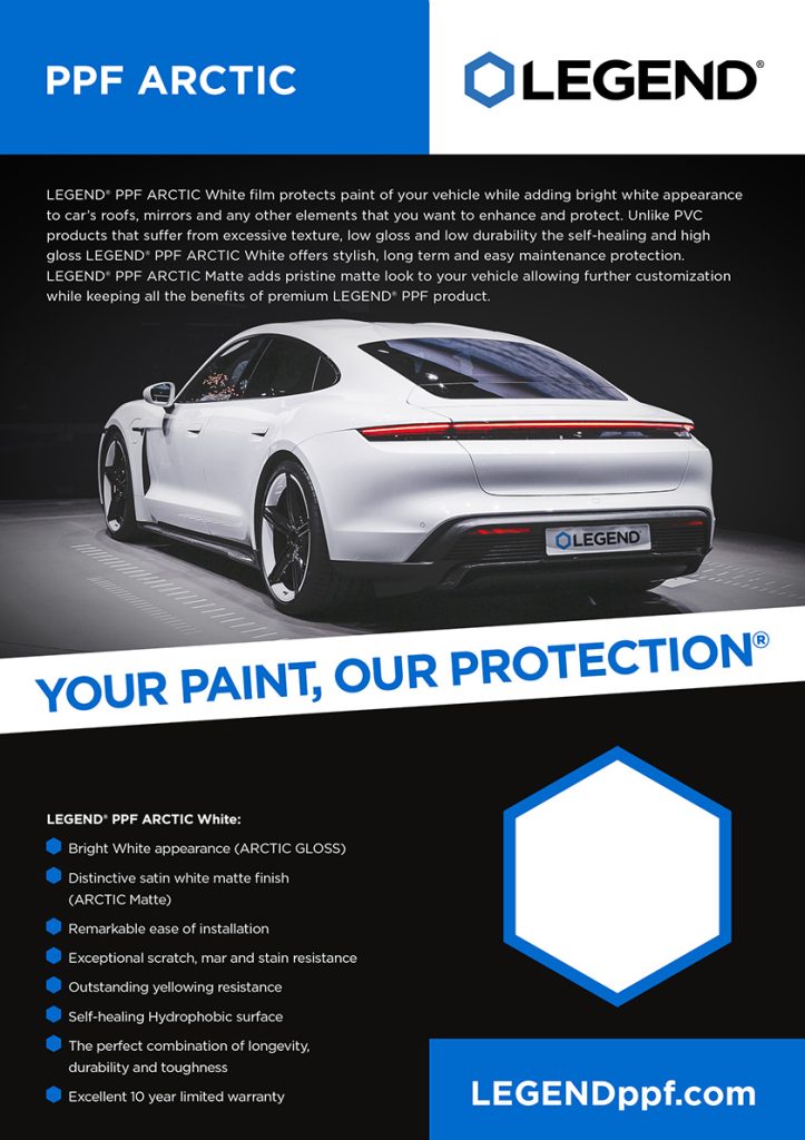 LEGEND Marketing Materials: PPF Artic White™ infographic poster featuring a white Porsche with Legend license plate in shadows
