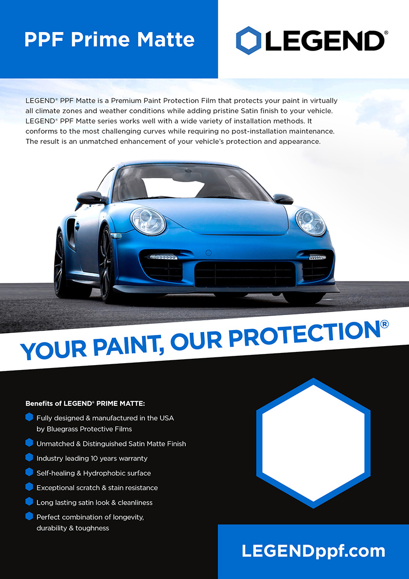 Experience the elegance of a blue Porsche on the PPF Prime Matte™ infographic poster, highlighting LEGEND Marketing Materials