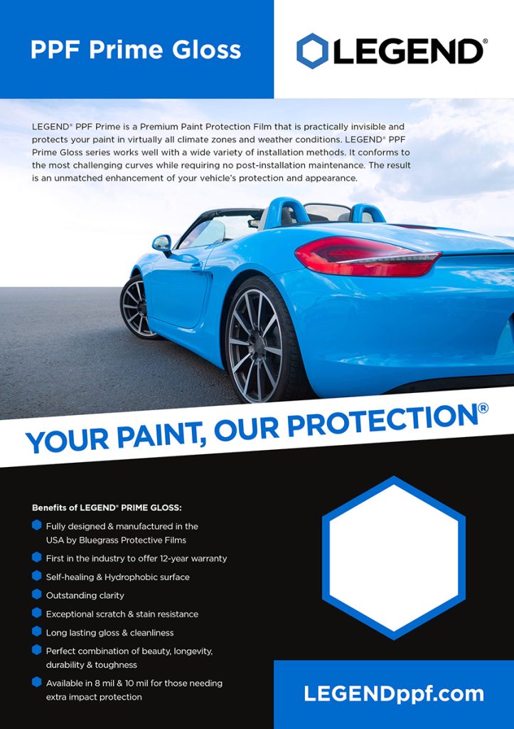 A blue Porsche convertible showcases the PPF Prime Gloss™ finish in LEGEND Marketing Materials, highlighting its sleek, glossy protection