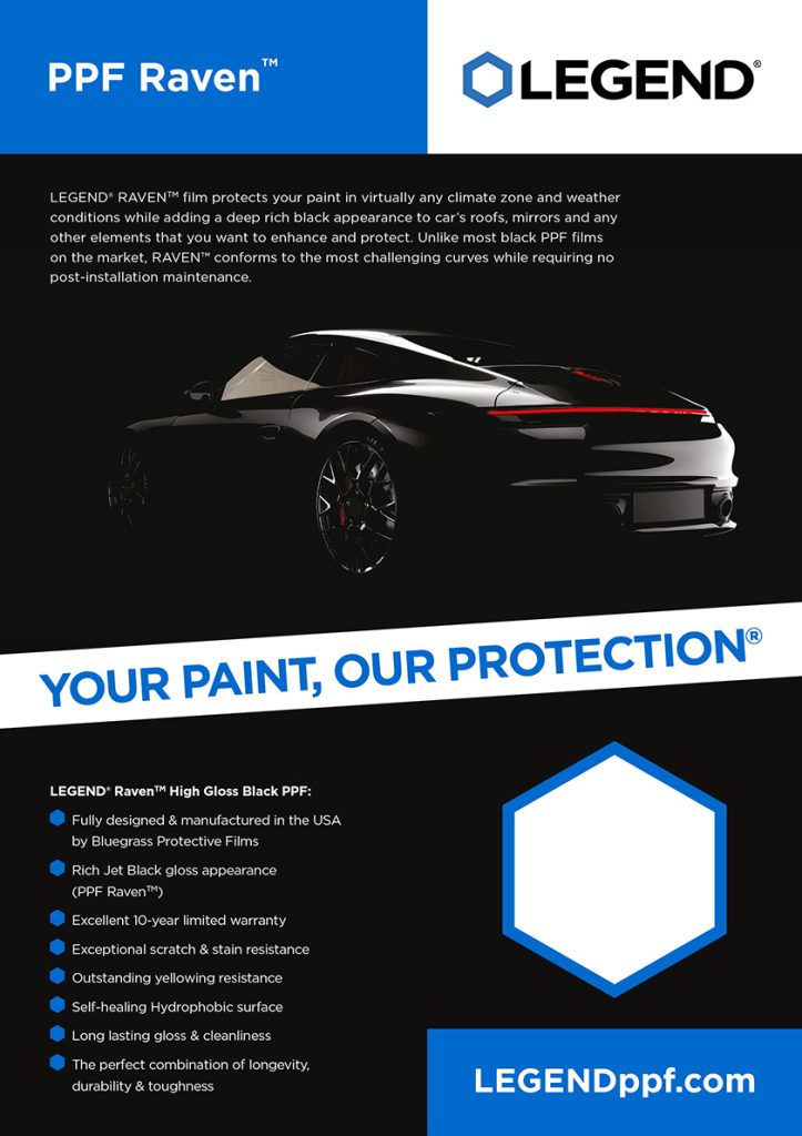 Discover the power of LEGEND Marketing Materials with a sleek black Porsche in the shadows on the PPF Raven™ infographic poster
